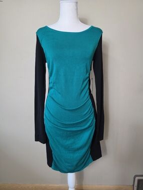 Express Teal & Black Colorblock Ruched Sweater Dress Long Sleeve Size XS